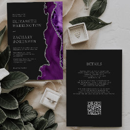 Convite Elegante Código QR Casamento Escuro Prata Ágata Ro