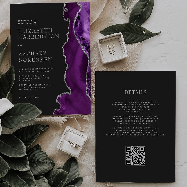 Convite Elegante Código QR Casamento Escuro Prata Ágata Ro (Criador carregado)