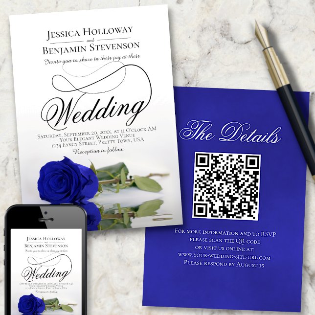 Convite Elegante Código QR Chique Rosa Azul Real Casamento (Criador carregado)
