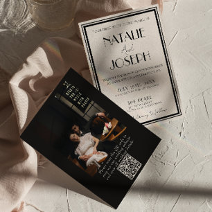 Convite Elegante Código QR Creme Preto Dinheiro Antigo Fot