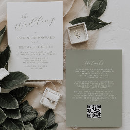 Convite Elegante Código QR de Caligrafia Verde Sage para C