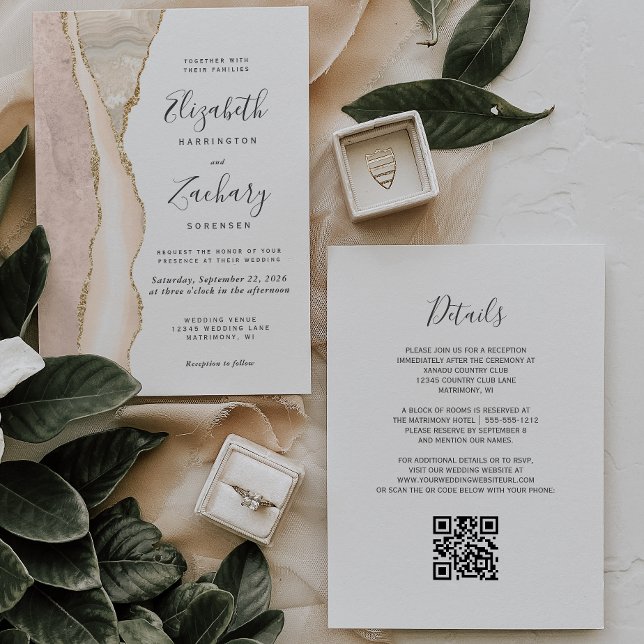 Convite Elegante Código QR de Casamento Ágata Dourada Marf (Criador carregado)