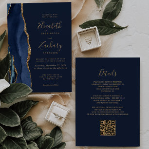 Convite Elegante Código QR de Casamento Azul Naval com Ága