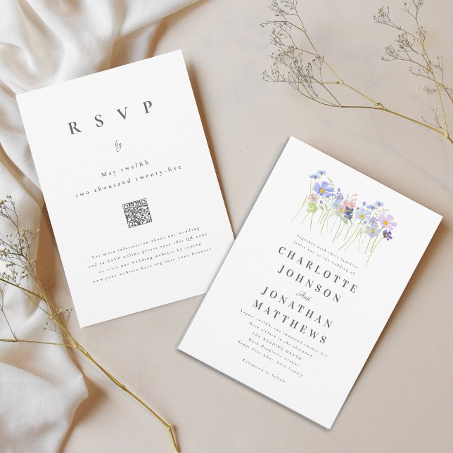 Convite Elegante Código QR de Casamento Boho Flor Silvestr (Elegant wildflower meadow watercolor floral blue blush pink wedding qr code invitation )