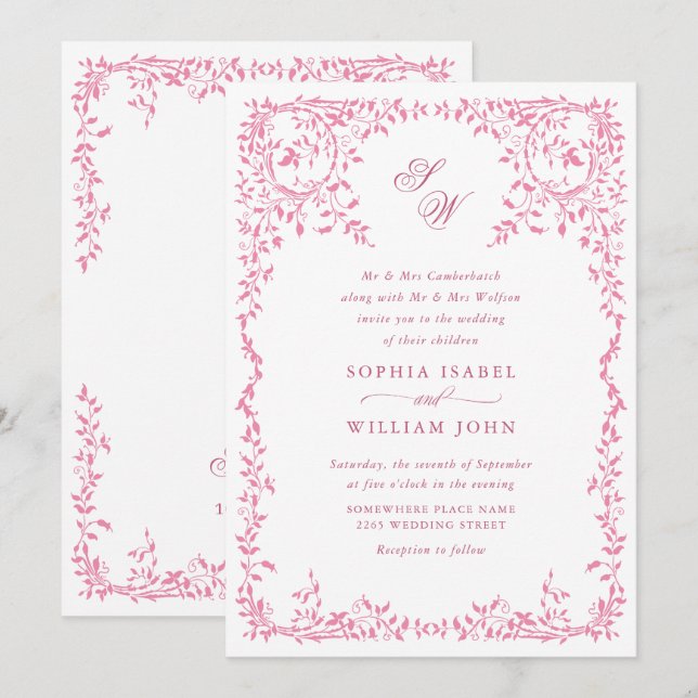 Convite Elegante código QR de casamento com moldura floral (Frente/Verso)