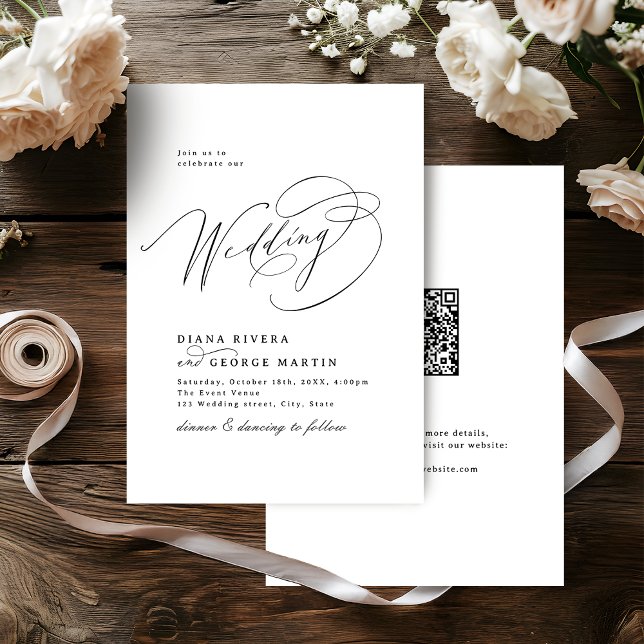 Convite Elegante código QR de casamento com roteiro de red (Elegant Swirl Script Simple QR code Wedding Invitation)