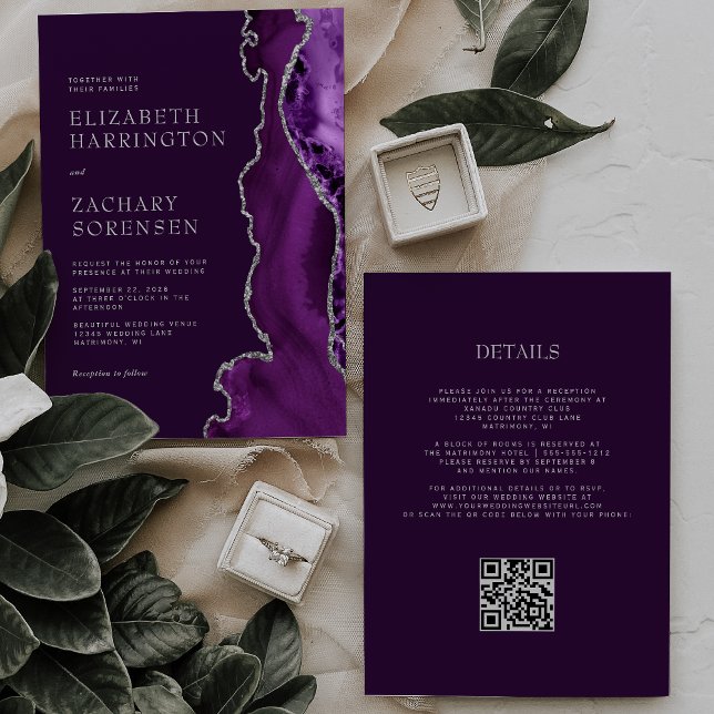 Convite Elegante Código QR de Casamento de Ágata Roxa com  (Criador carregado)