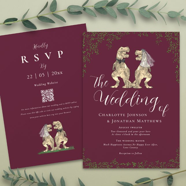 Convite Elegante Código QR de Casamento de Dinossauro Burg (T-Rex bride and groom funny dinosaur burgundy & ivory cream wedding qr code invitation )