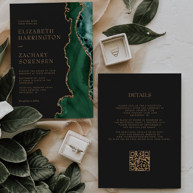 Convite Elegante Código QR de Casamento em Ouro com Ágata  (Criador carregado)