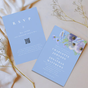 Convite Elegante Código QR de Casamento Floral Azul em Aqu