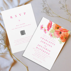 Convite Elegante Código QR de Casamento Floral Laranja Ros