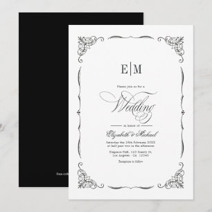 Convite Elegante Código QR de Casamento Preto e Branco Mon