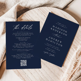 Convite Elegante Código QR de Casamento Tudo em Um Azul Ma