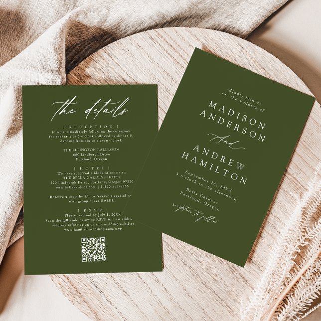 Convite Elegante Código QR de Casamento Verde Oliva Tudo E (Criador carregado)