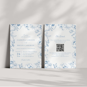 Convite Elegante Código QR de Jardim Floral Azul Empoeirad