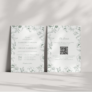 Convite Elegante Código QR de Jardim Floral Verde Sábio pa