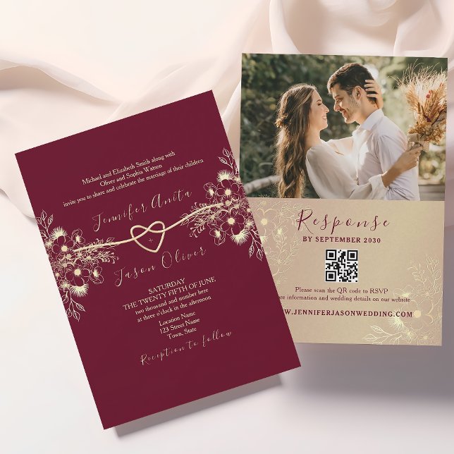 Convite Elegante Código QR Dourado Borgonha Foto Casamento (Criador carregado)