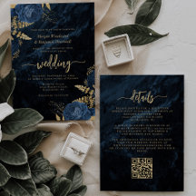 Elegante Código QR Floral Azul Naval Dourado Casam