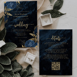 Convite Elegante Código QR Floral Azul Naval Dourado Casam