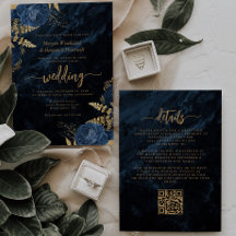 Elegante Código QR Floral Azul Naval Dourado Casam