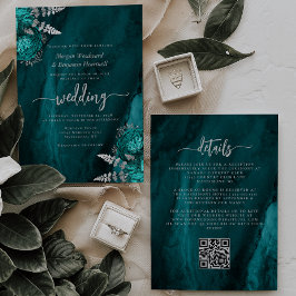 Convite Elegante Código QR Floral Azul Teal Prata Casament