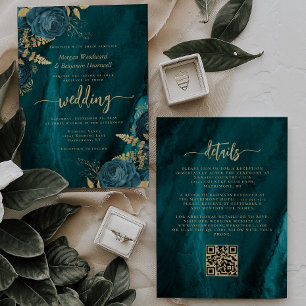 Convite Elegante Código QR Floral Azul Turquesa Dourado Ca