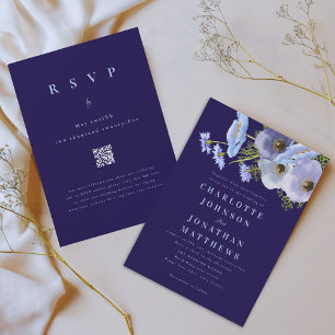 Convite Elegante Código QR Floral em Aquarela Azul Marinho