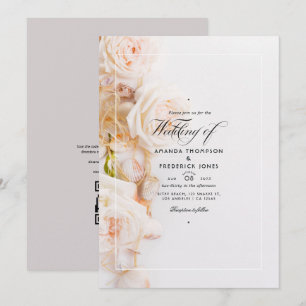 Convite Elegante código QR floral RSVP Casamento de Praia