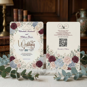 Convite Elegante Código QR Moderno Floral Burgundy Vintage