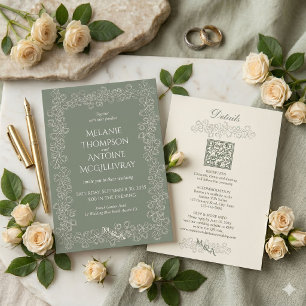 Convite Elegante Código QR Verde Salvia RSVP Casamento Vin