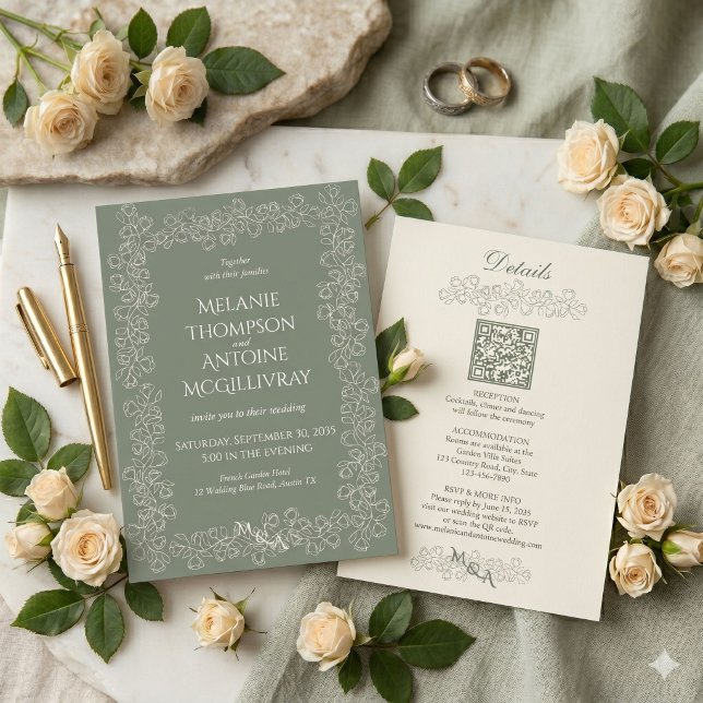Convite Elegante Código QR Verde Salvia RSVP Casamento Vin (Criador carregado)