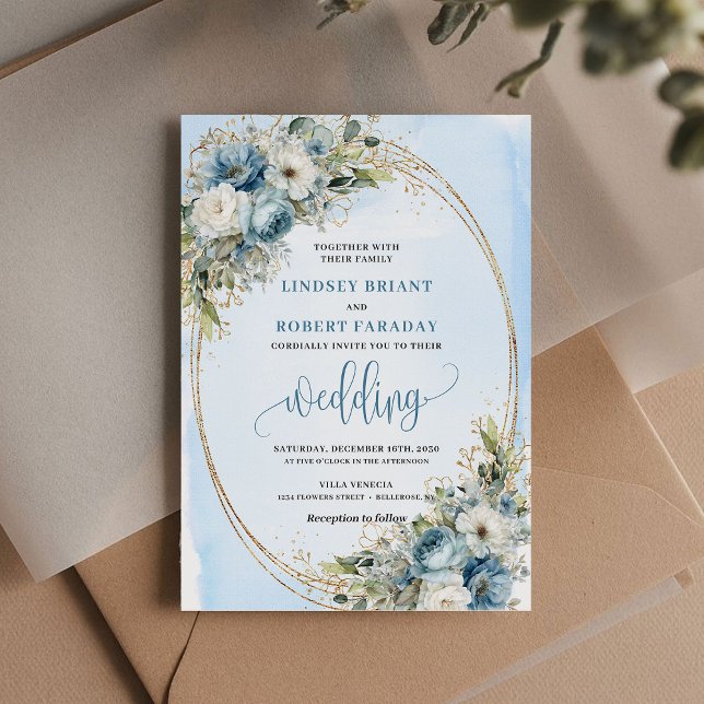 Convite Elegante com Poeira Azul e Glitter Dourado (Elegant Dusty Blue Peony Floral Gold Glitter Invitation)