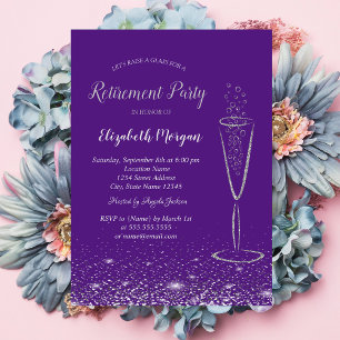 Convite Elegante Confete de Prata Vidro Roxo Aposentadoria