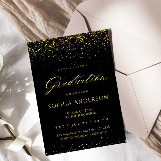 Convite Elegante Confete Dourado Falso Graduação Preta