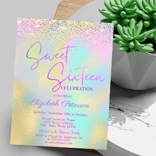 Convite Elegante Confete Holográfico Moderno Sweet 16