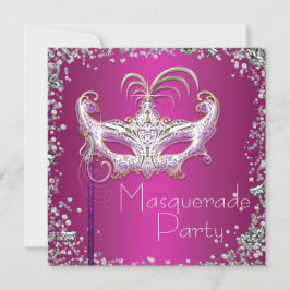 Convite Elegante Confete Prateado Festa de Máscaras Rosa Q