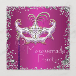 Convite Elegante Confete Prateado Festa de Máscaras Rosa Q