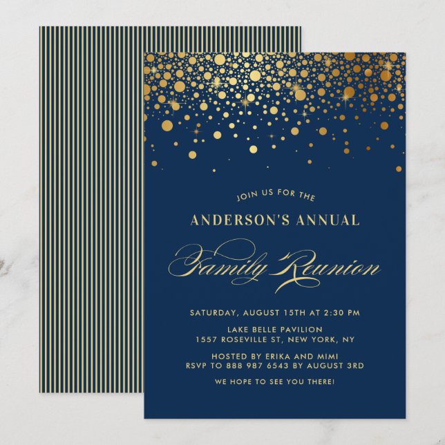Convite Elegante Confetti Gold Foil Blue Family Reunião (Frente/Verso)