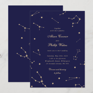 Convite Elegante Constellação Azul e Dourado Casamento