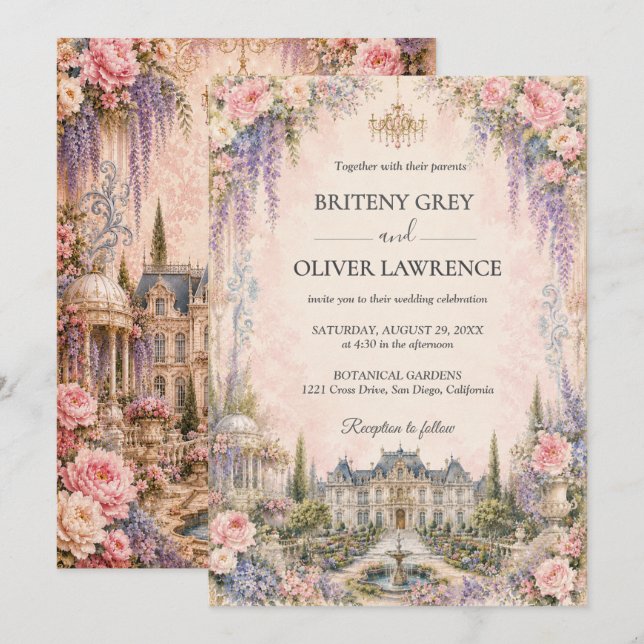 Convite Elegante Conto de Fadas Castelo Rosa Casamento (Frente/Verso)