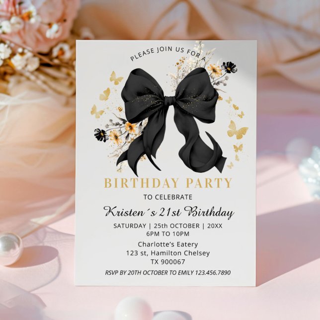 Convite Elegante Coquete com Laço Preto e Flores S (Elegant Black and Gold Birthday invitation card)