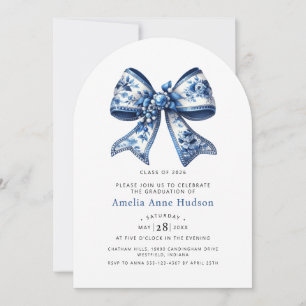 Convite Elegante Coquete Floral Azul com Laço Festa de Gra