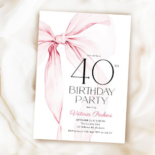 Convite Elegante Coquete Laço Rosa 40º Aniversário