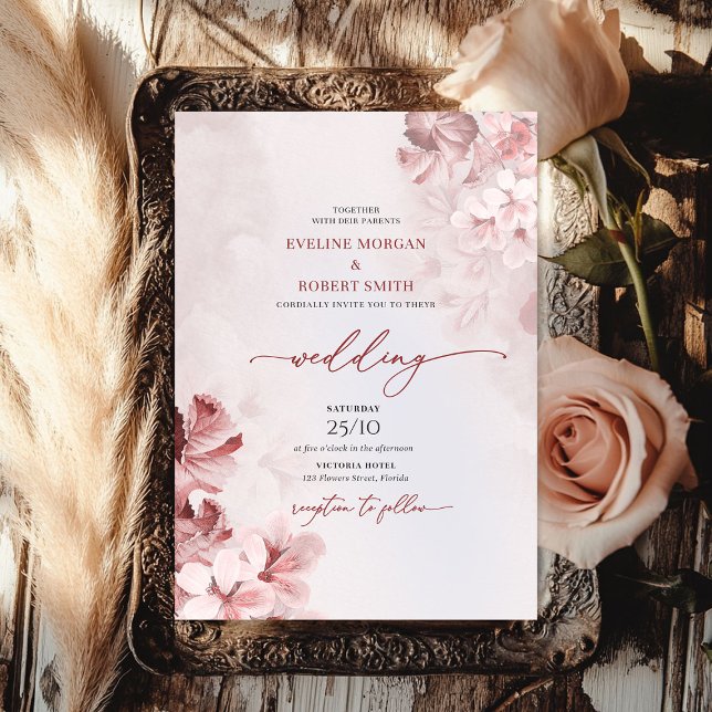 Convite Elegante cor d'água, rosas cor-de-rosa, primavera (Elegant watercolor blush pink roses gold spring invitation)