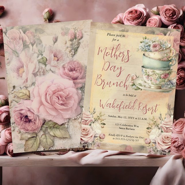 Convite Elegante cor-de-rosa, Dia de as mães de Copas Flor (Elegant Pink Floral Tea Cups Mother's Day Brunch Invitation)