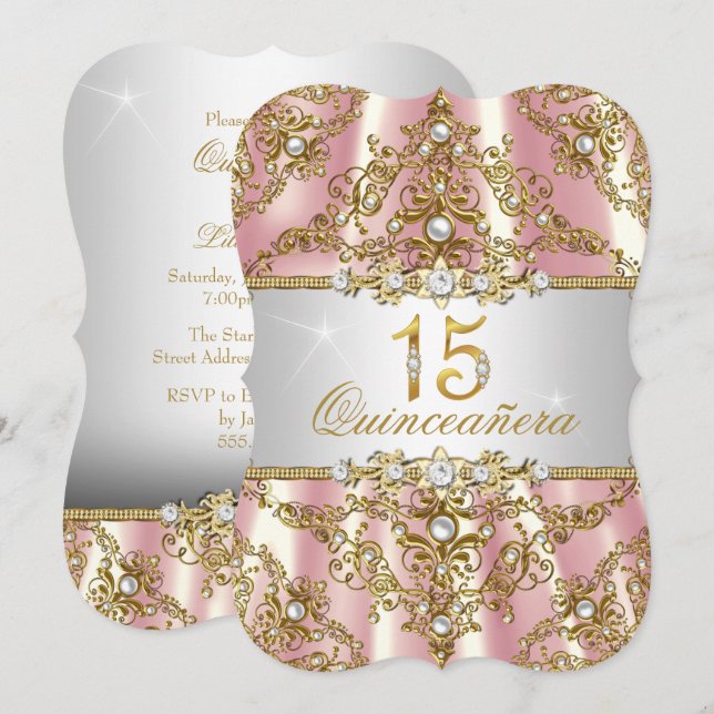 Convite Elegante cor-de-rosa Dourado Damasco Quinceanera (Frente/Verso)