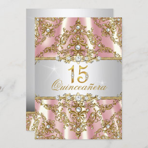 Convite Elegante cor-de-rosa Dourado Damask Quinceanera Co