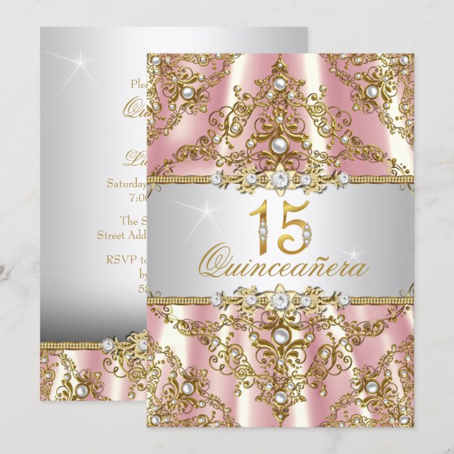 Convite Elegante cor-de-rosa Dourado Damask Quinceanera Co (Frente/Verso)