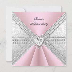 Convite Elegante Coração de Diamante Rosa Prata de Anivers