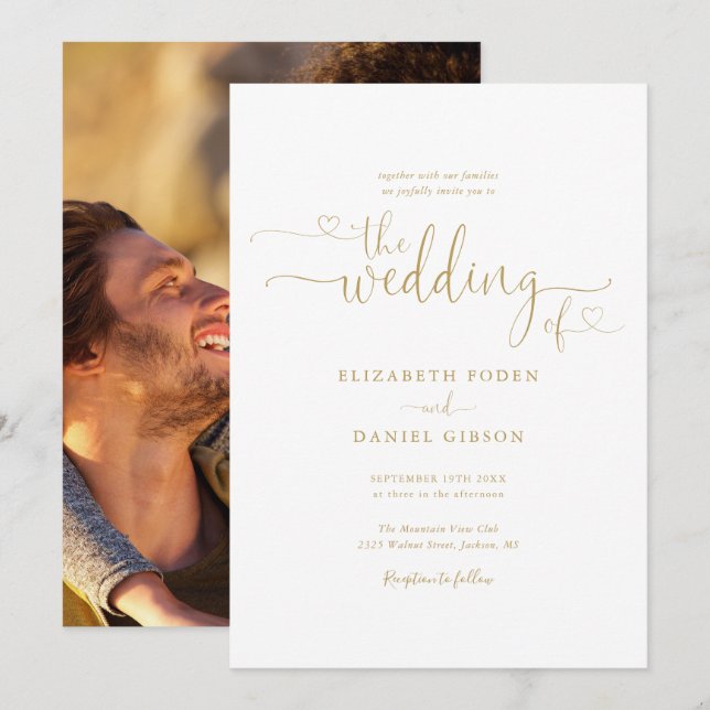 Convite Elegante Coração de Ouro Script Foto Casamento (Frente/Verso)
